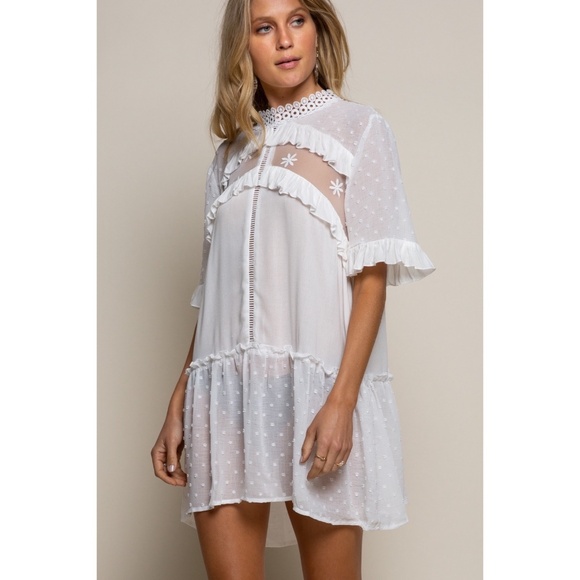 POL Ivory Ethereal Swiss Dot Mock Neck Lace Inset Mini Dress - Picture 7 of 7